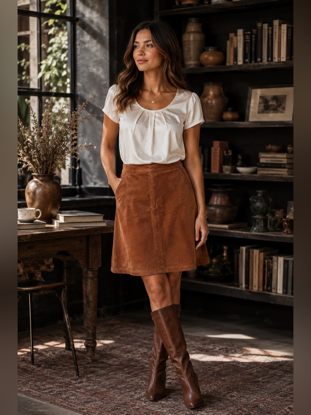 Women's Vintage Rust Brown Suede A-Line Skirt
